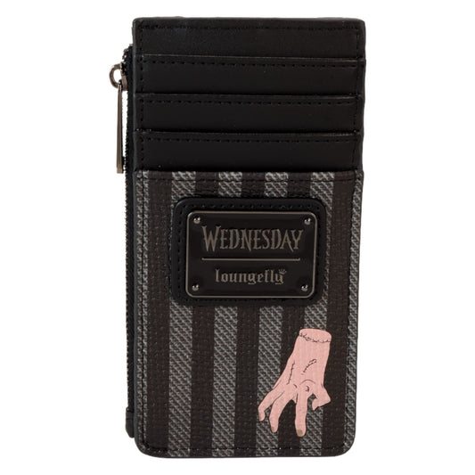 Black and gray striped wallet with 'Wednesday' and 'loungefly' branding on a white background