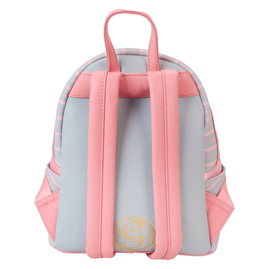 Backpack with pink straps and a gold G logo on a white background