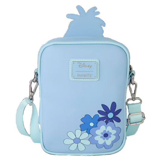 Back view of Crossbody Bag with floral designs and a Disney and Loungefly logo on a white background