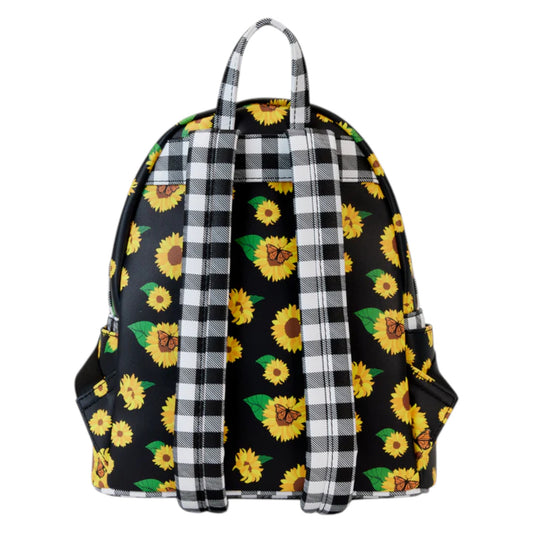 Back Front Bambi Sunflower Friends Mini Backpack with sunflower and plaid pattern straps on a white background