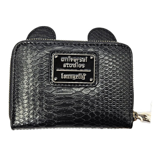 Black textured wallet with 'universal studios' and 'loungefly' branding on a white background