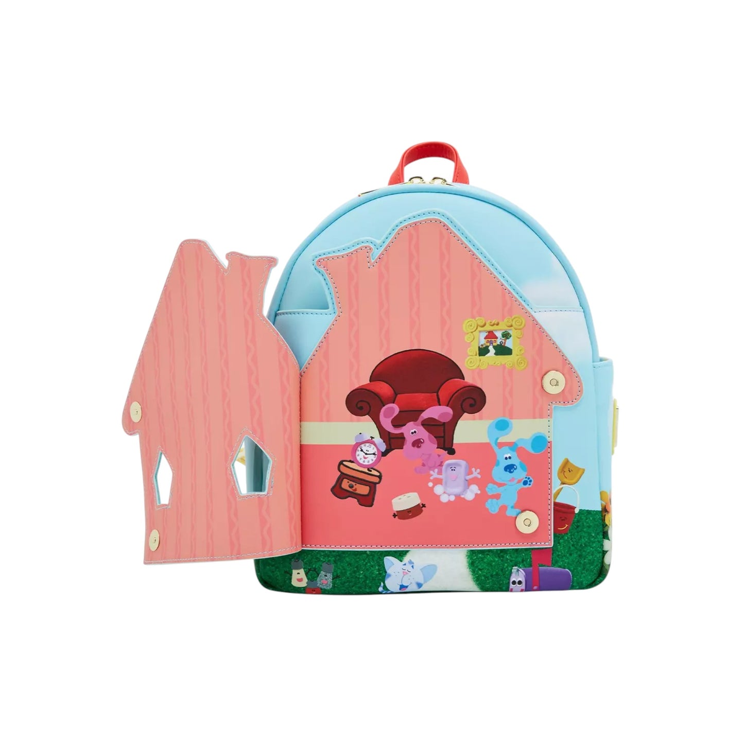 blue backpack door open and various Blue's Clues characters inside of house on a white background