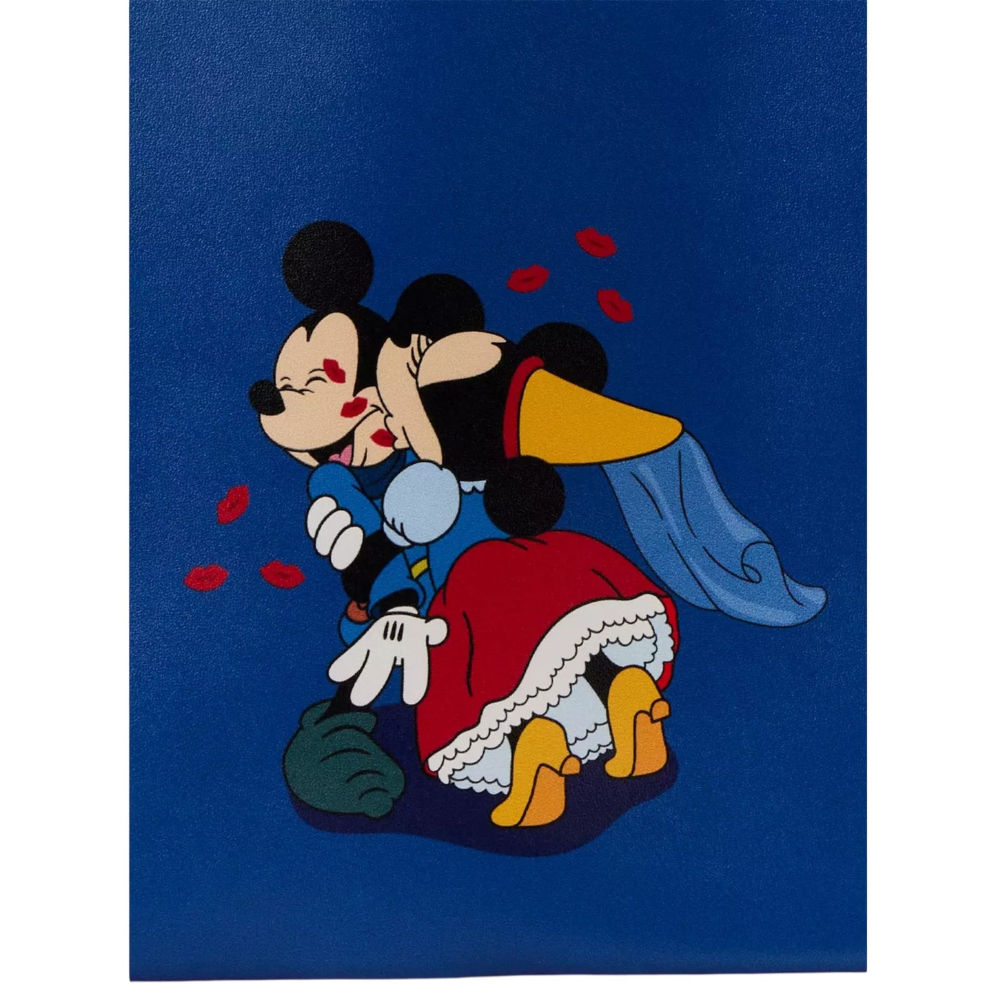 Mickey and Minnie character embracing another character on a blue background with red hearts.