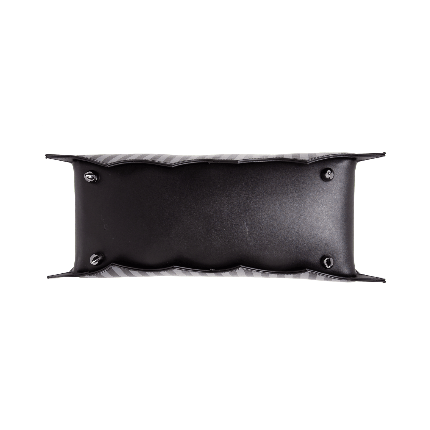 Bottom view of pinstripe bat shaped bag with metal feet on a white background