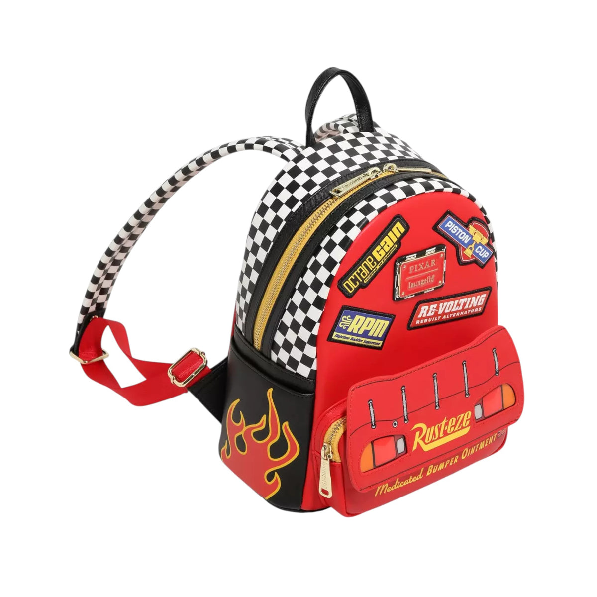 Lightning McQueen Rust-eze Backpack with racing theme design on a white background
