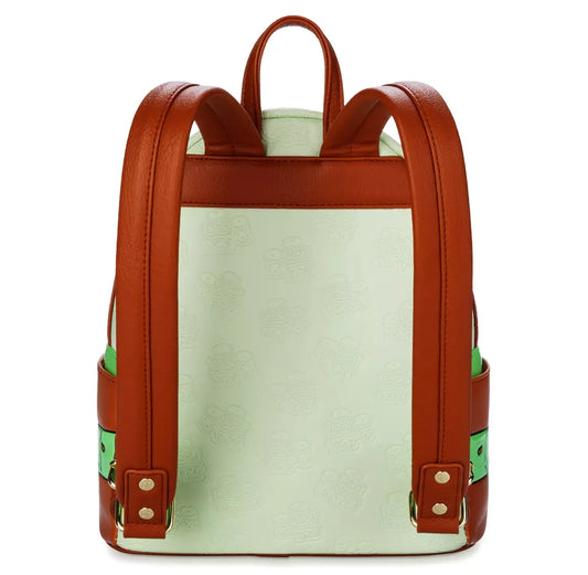 Backpack with brown straps and green accents on a white background