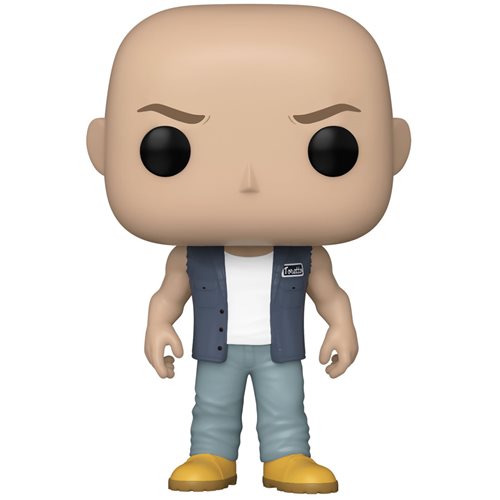Pop! Vinyl figure of Dom Toretto from 'Fast & Furious' series with a vest, white shirt, blue jeans, and yellow shoes on a white background
