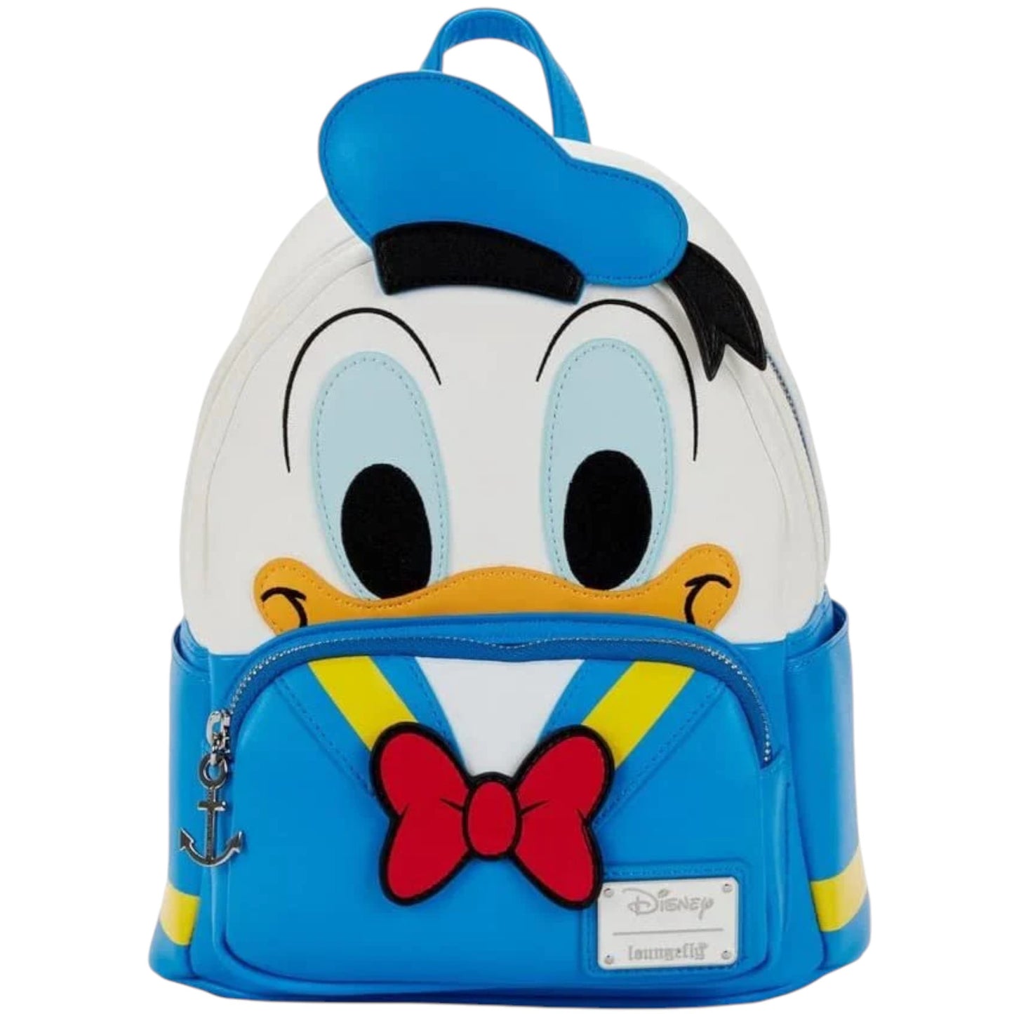 Backpack designed like donald duck's head with a blue hat and red bow tie on a white background