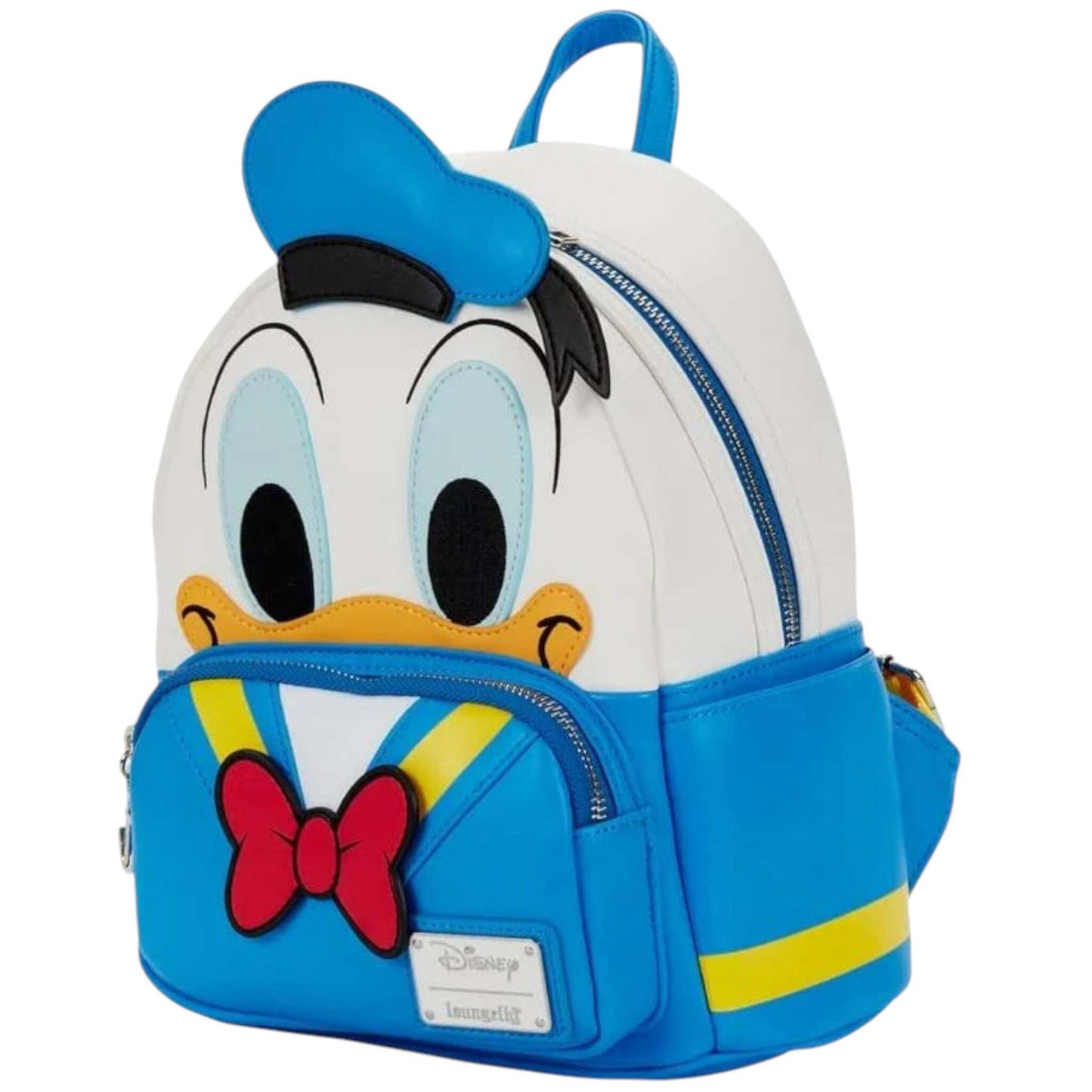 Backpack with donald duck's head design on a white background