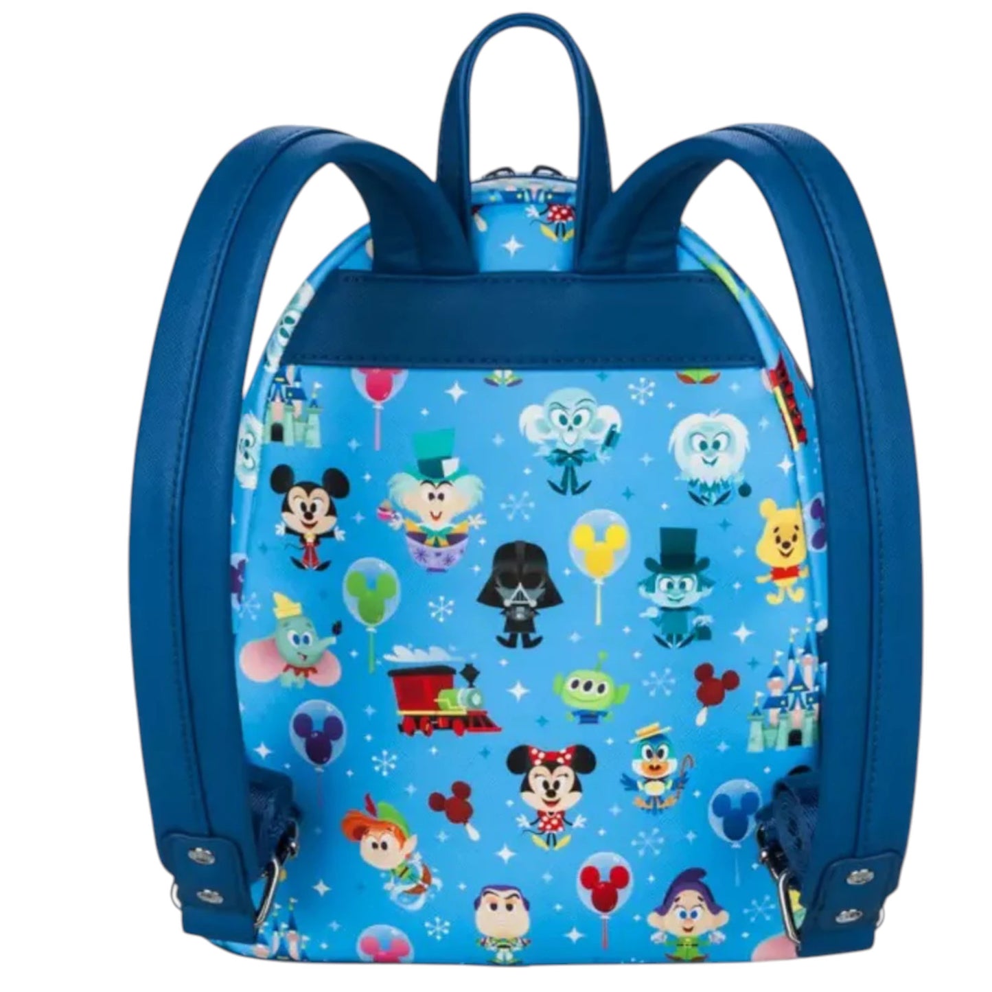 Back Icons Characters Attractions Mini Backpack with various disney character pattern on a white background