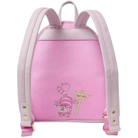 Pink backpack with Cheshire Cat character on a white background