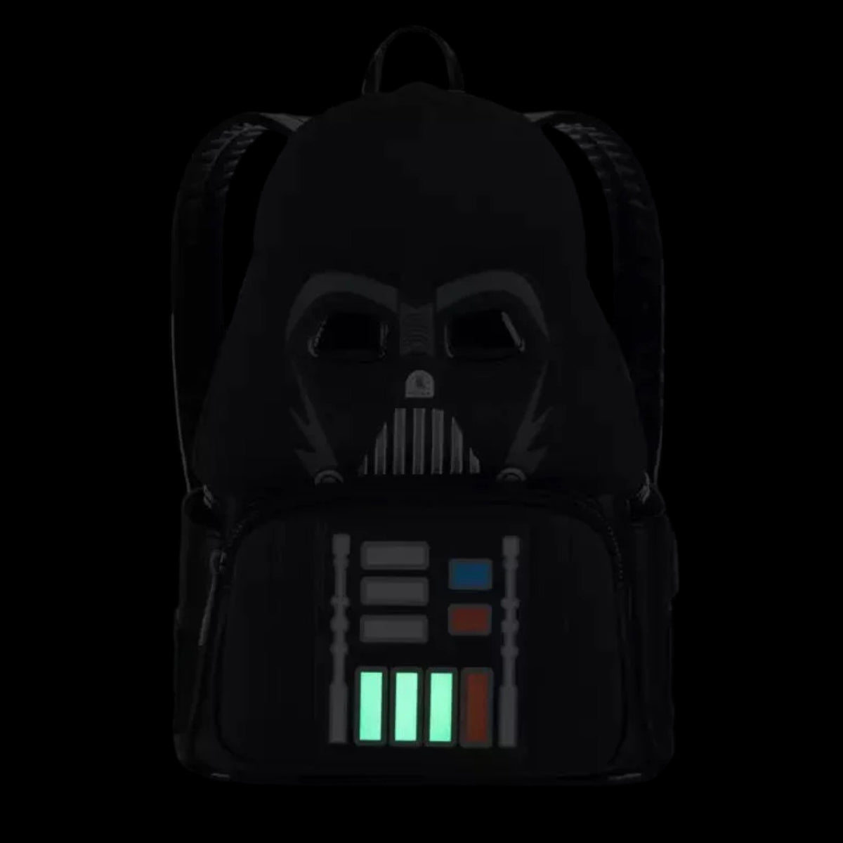 Backpack with Darth Vader design featuring glowing elements on a black background