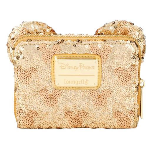 Minnie Mouse Gold Sequin wallet with a loungefly brand label on a white background