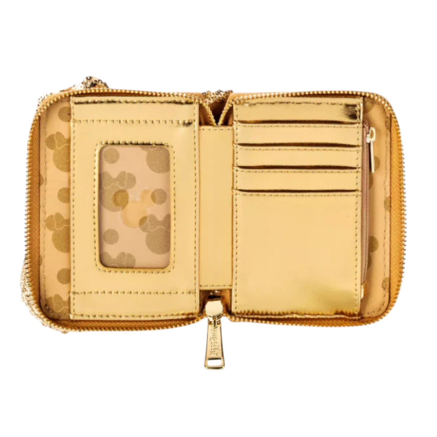 Gold wallet with minnie mouse head pattern design on a white background