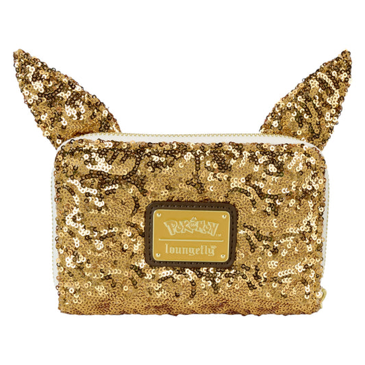 Gold Eevee sequin wallet with ears and a visible Loungefly brand logo on a white background