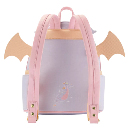 Back view of the Disney Parks Epcot Pastel Figment Mini Backpack with pink straps and dragon wings and a picture of Figment on a white background