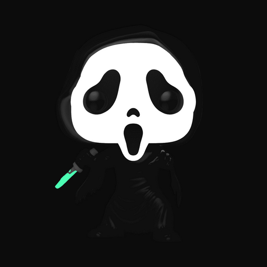 Glowing Ghostface character with a white face and black robe holding a glowing knife on a dark background