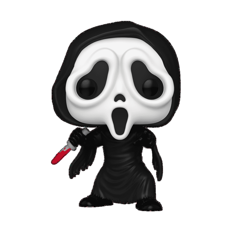 Funko Pop! vinyl figure Ghostface with a black hood and white face holding a knife with blood on it on a white background