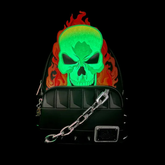 Ghost Rider Backpack with a glowing skull design and flames on a black background