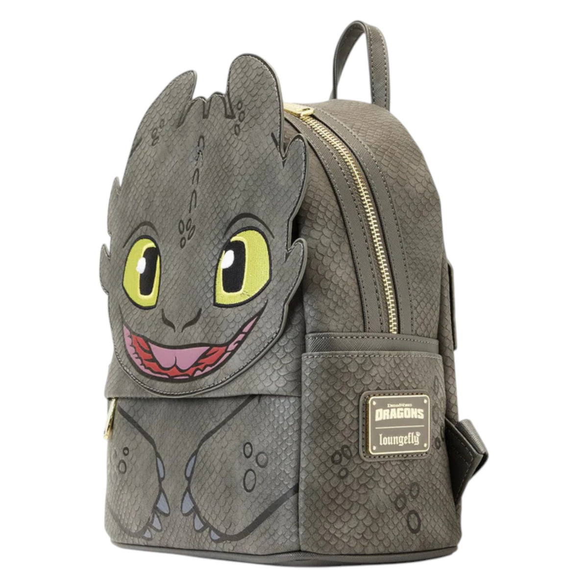 How To Train Your Dragon Toothless Cosplay Mini Backpack designed like a dragon with yellow eyes and a pink tongue on a white background