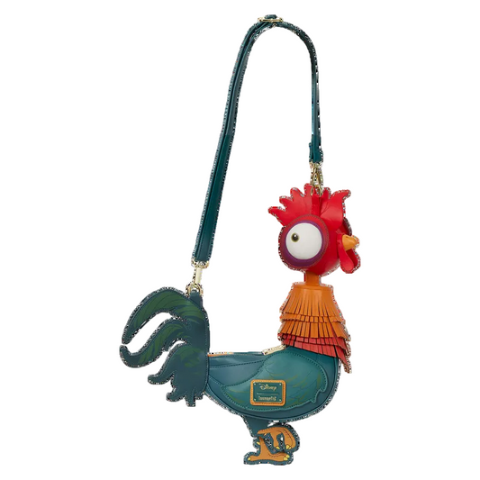Colorful Hei Hei Figural Crossbody Bag with a strap on a white background