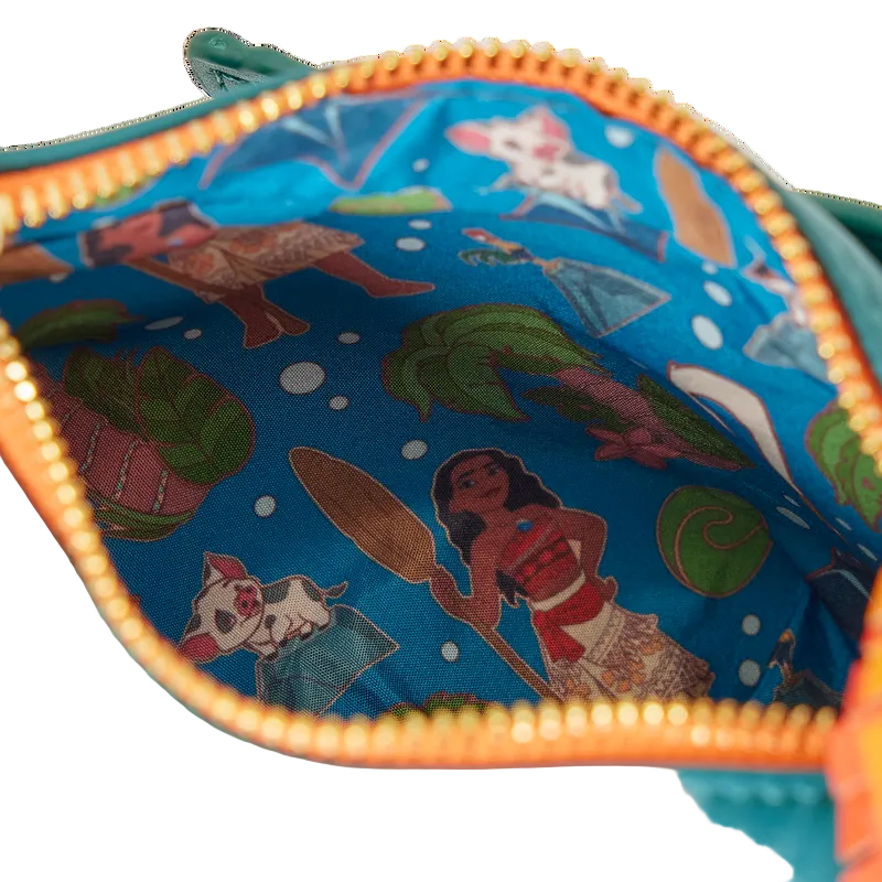 Close-up of Hei Hei Figural Crossbody Bag with a character pattern, featuring orange zipper.