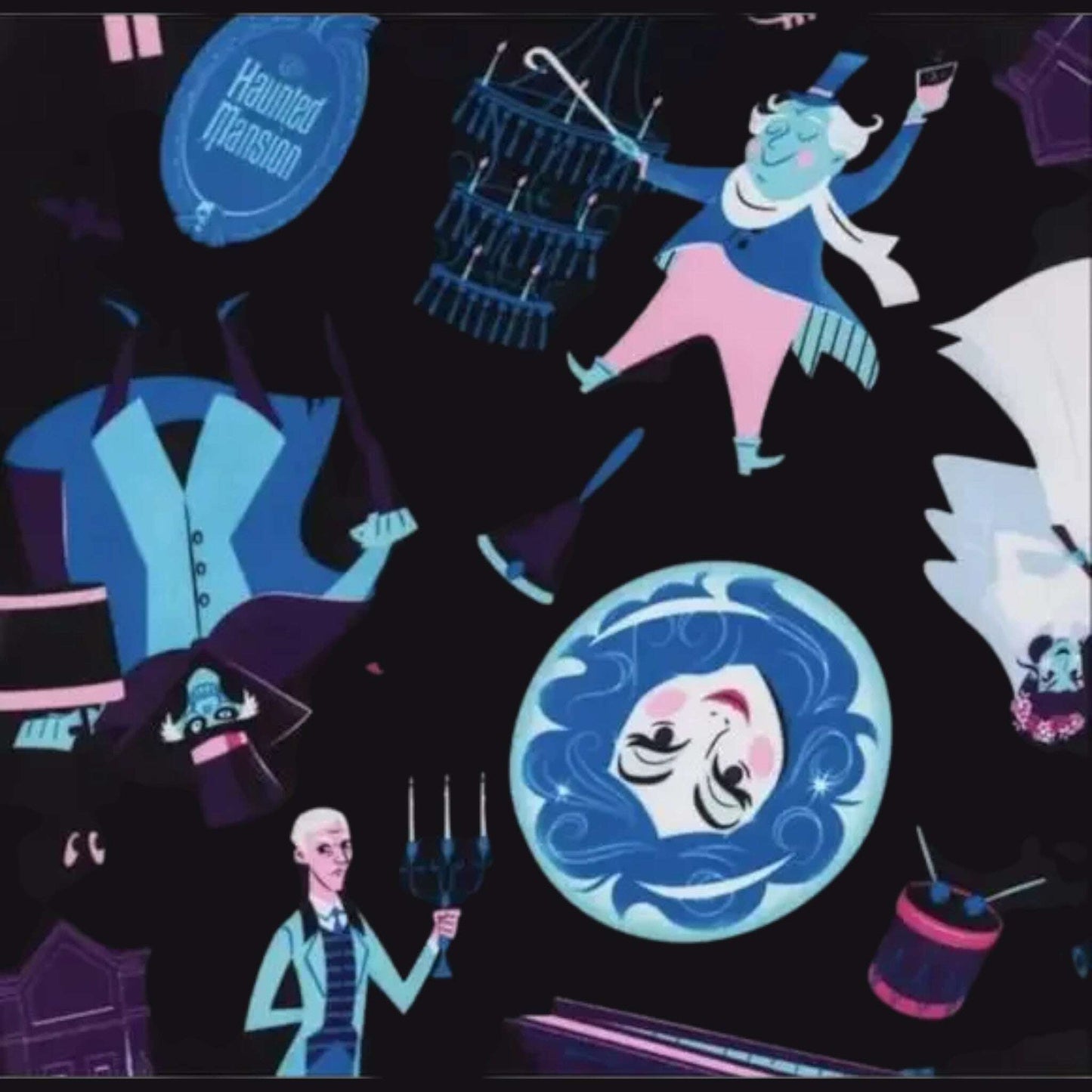 Pattern with characters and elements from Disney's 'Haunted Mansion' on a black background.