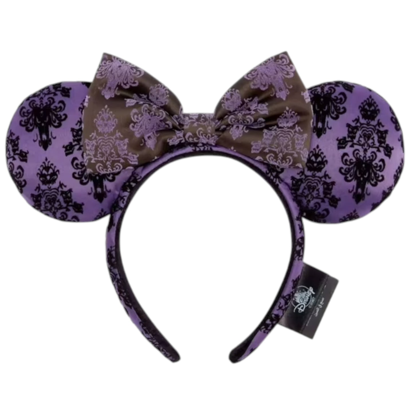 Purple and black haunted mansion patterned headband with bow on a white background