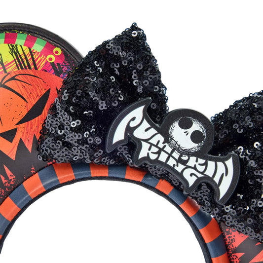 Halloween-themed haunted mansion pumpkin king mouse ears with black sequins, orange and blue stripes, and pumpkin design.