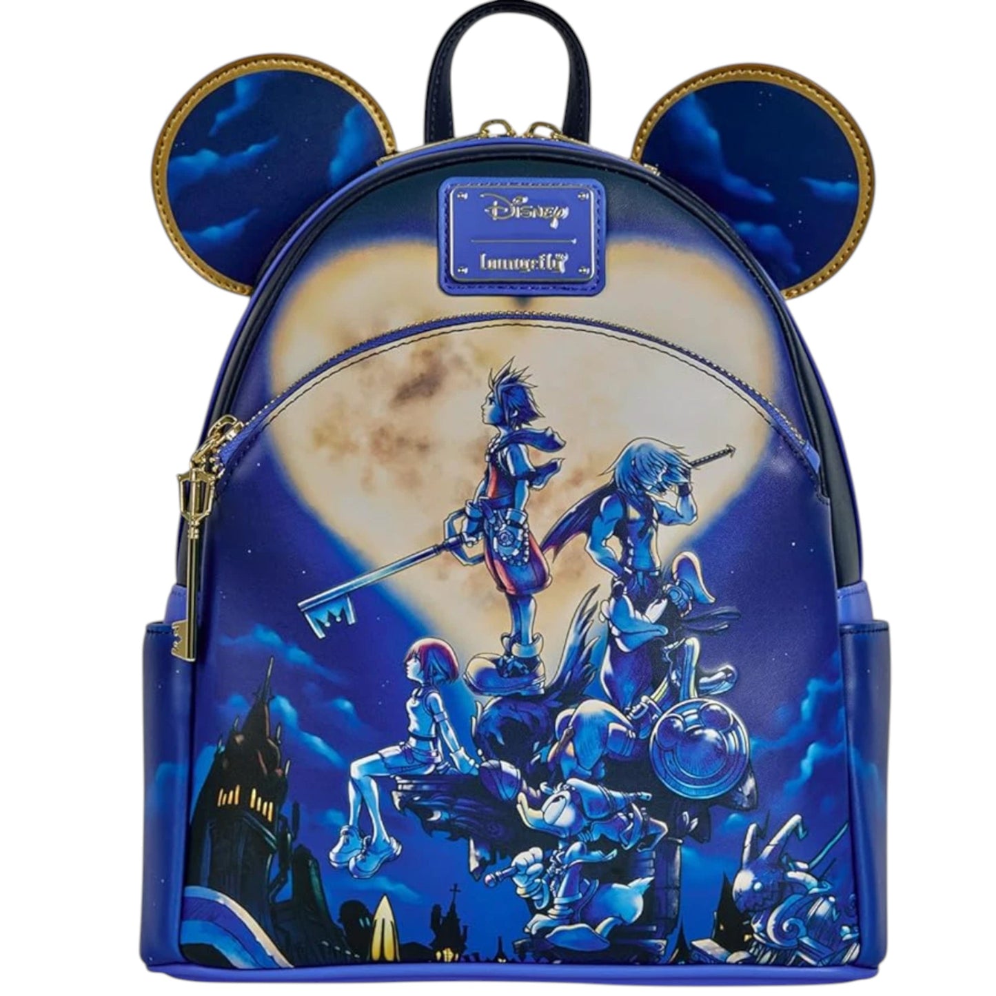 Mini backpack with Kingdom of Hearts Disney characters, MIckey Mouse Ears, and castle design on a blue background