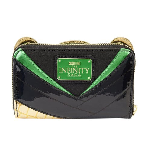 Black and green wallet with 'The Infinity Saga' logo on a white background