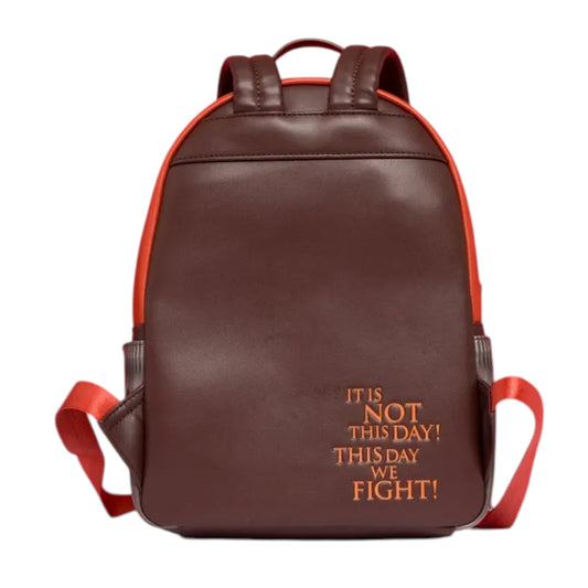 Brown backpack with red straps and It is Not This Day! This Day We Fight! text on a white background
