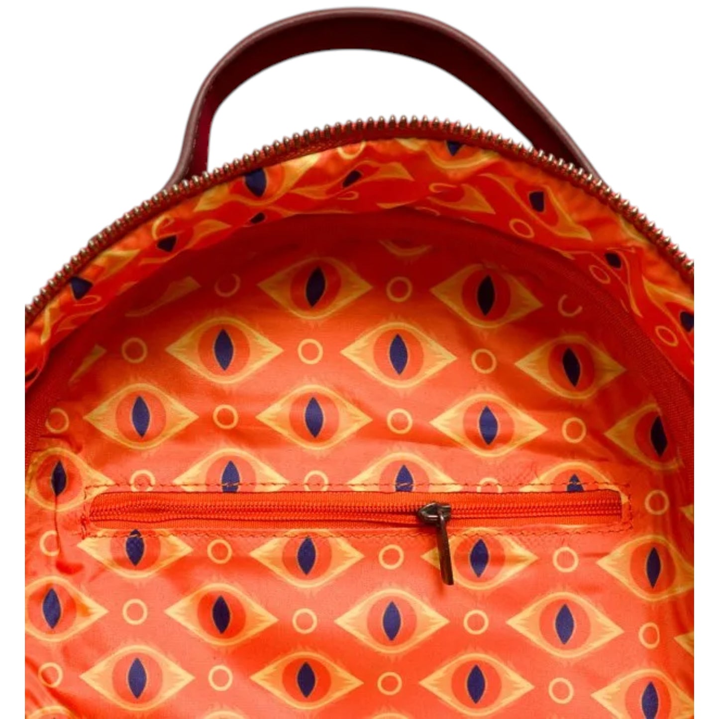 Backpack with orange eye patterned interior