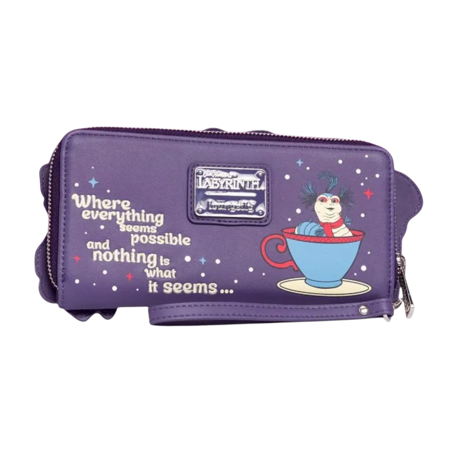 Purple Loungefly Labyrinth Wallet Wristlet with Ello the Worm character design in a tea cup and text on a white background