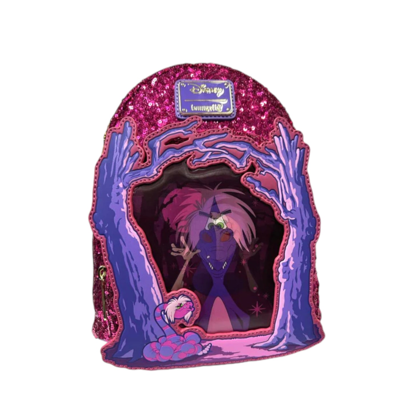 Glittery purple and pink hat with Madam Mim character design on a white background