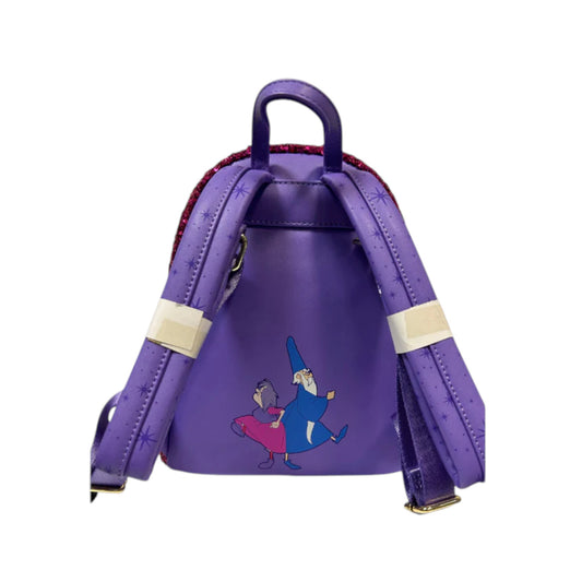 Purple backpack with disney characters on a white background