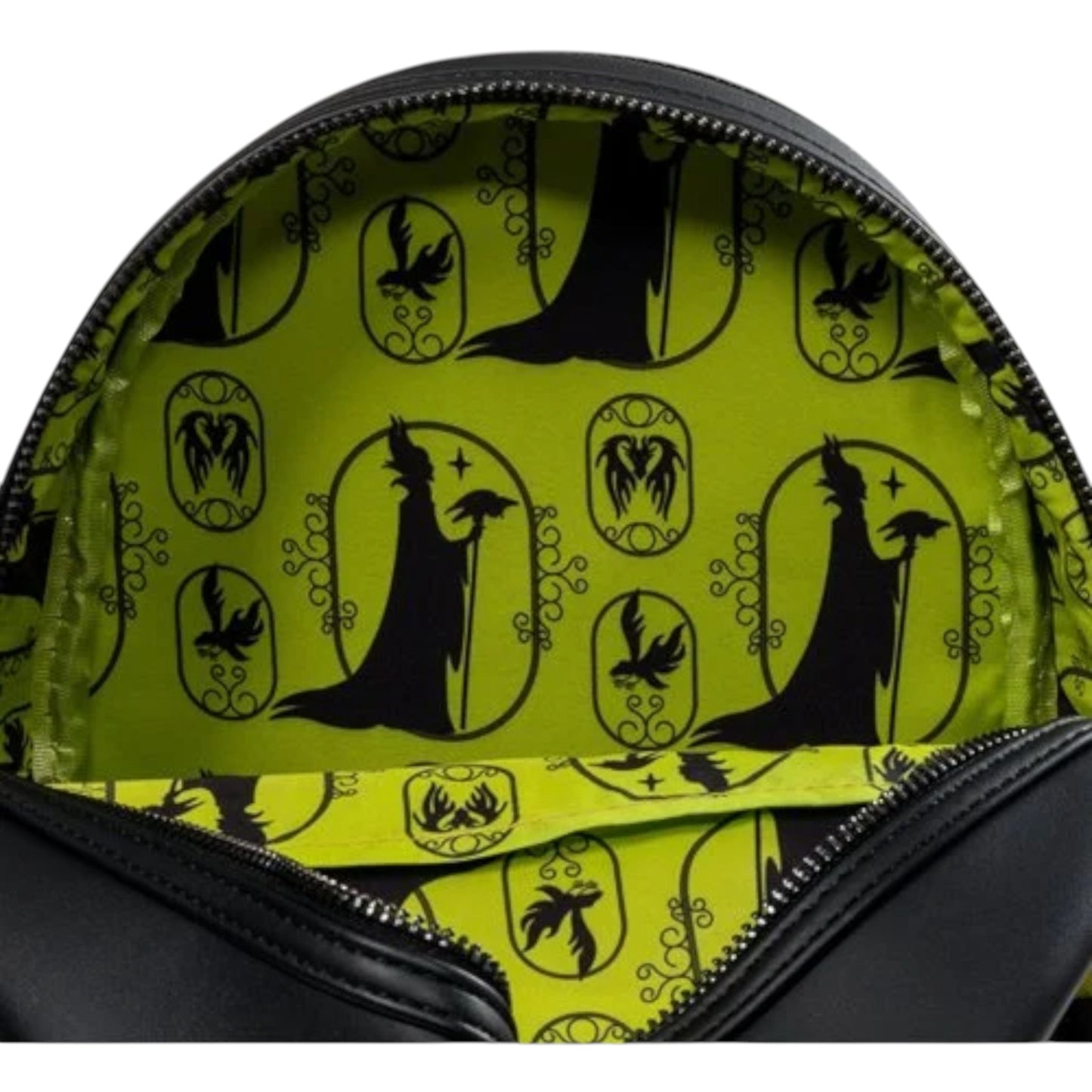 Backpack with black silhouette Maleficent design on a yellow background