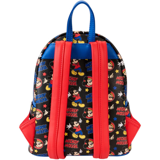 Back of Loungefly Disney Mickey and Friends Classic Mini Backpack with red straps and all over print of mickey mouse text and faces on a white background