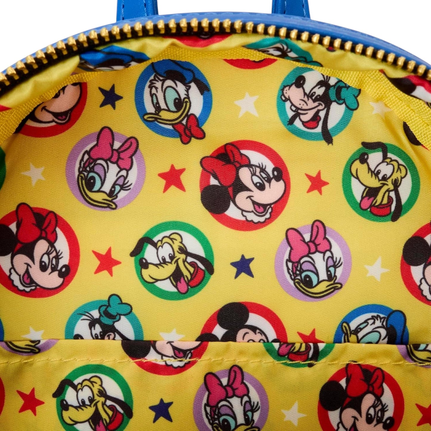 Close-up of Loungefly Disney Mickey and Friends Classic Mini Backpack with Mickey and friends character face patterns on a yellow background