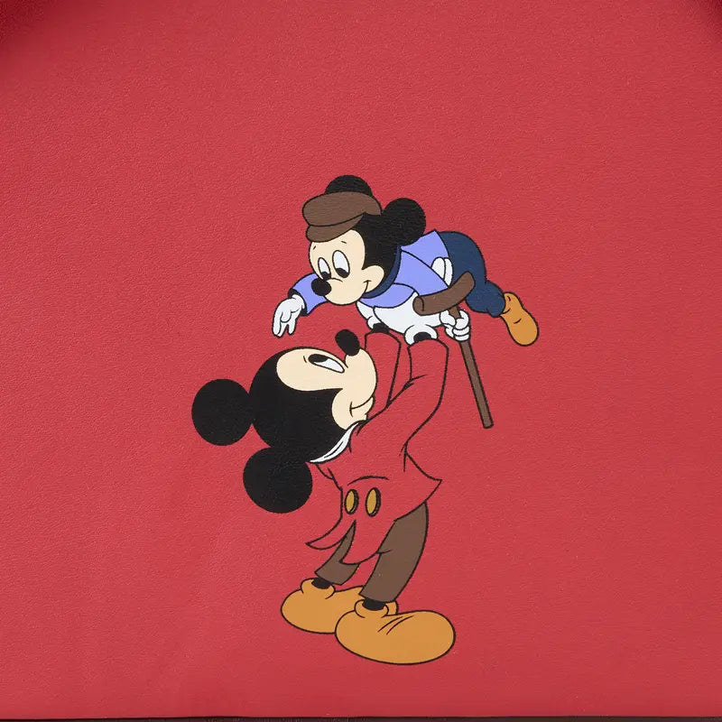Two mickey mouse characters on a red background