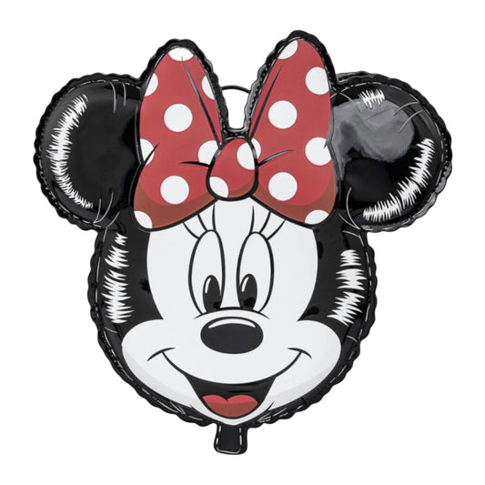 Minnie Mouse Balloon Crossbody Backpack shaped like a face with a red bow and black ears on a white background