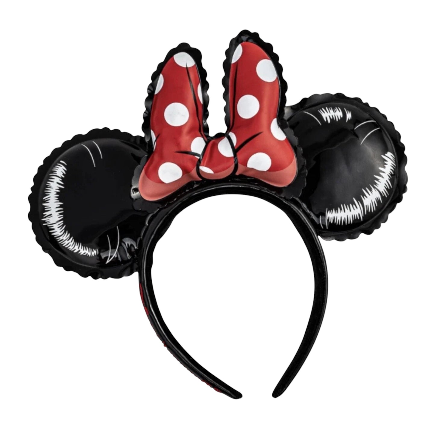 Minnie Mouse inspired balloon headband with red bow and black ears on a white background
