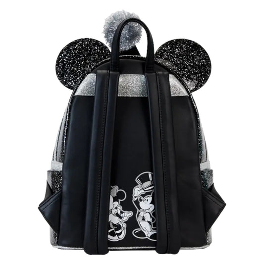 Minnie Mouse Happy New Year Black Glitter Mini Backpack with sparkling ears and minnie and mickey mouse character design on a white background