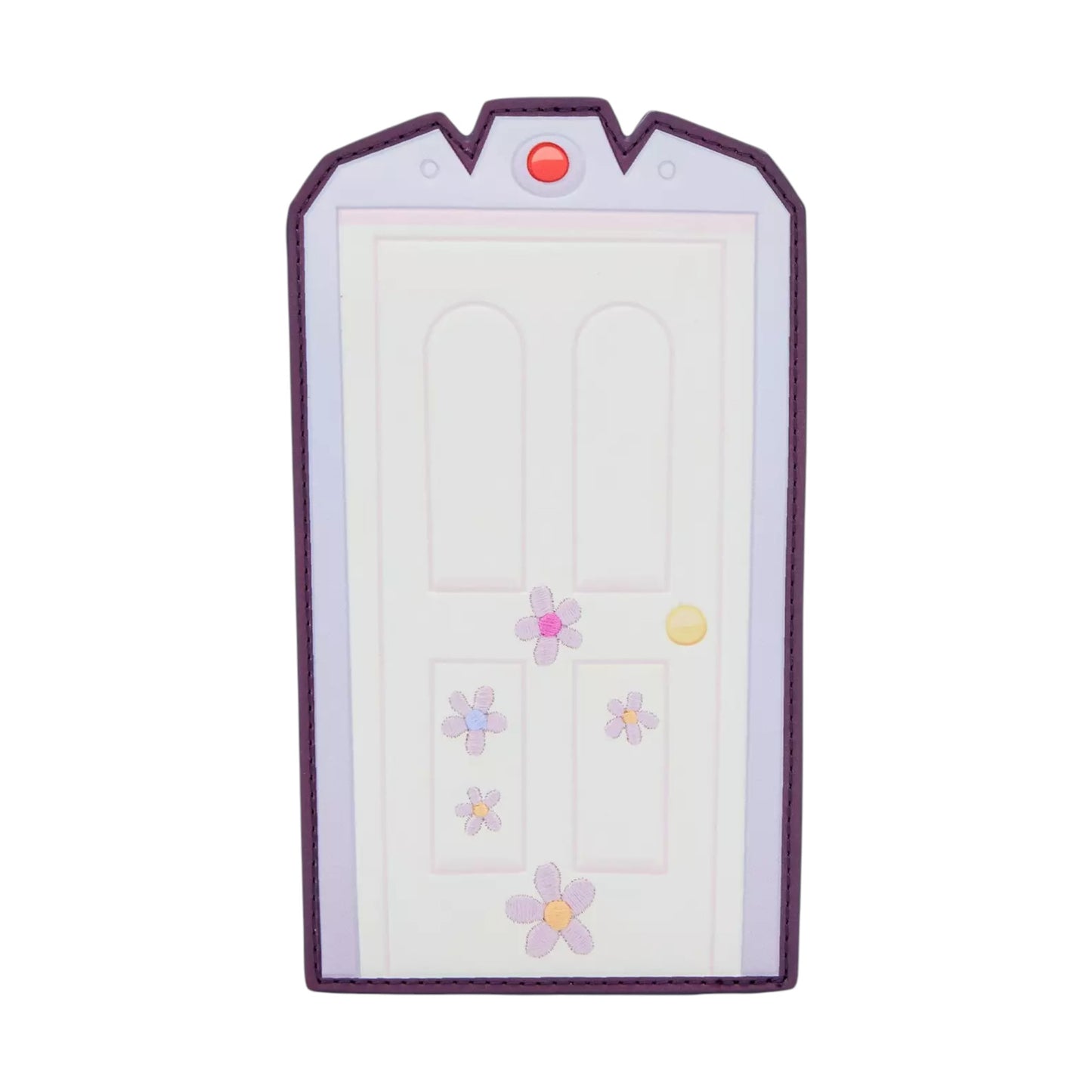 Rectangular white door with purple border and colorful flowers on a white background