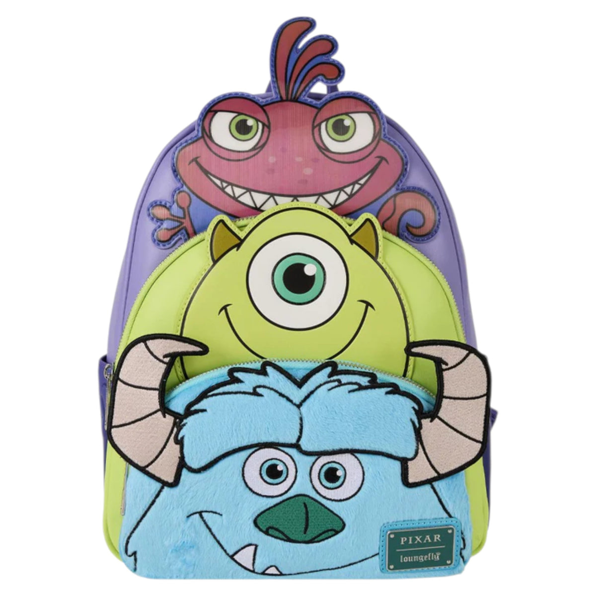Backpack with Sulley, Mike, & Randall Triple Pocket characters on a white background