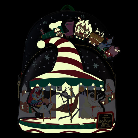 Backpack with The Nightmare Before Christmas Town Carousel design glowing featuring Jack Skellington and Sally.