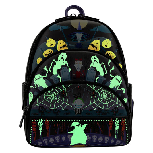 Glowing Lock, Shock, and Barrel Oogie Boogie backpack with ghosts, pumpkins, and skeletons on a black background.