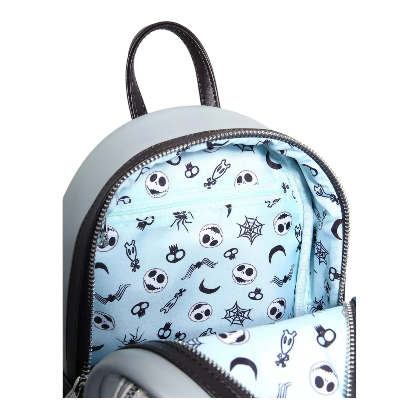 Inside of Loungefly Disney The Nightmare Before Christmas Jack & Sally Heart Sequin Mini Backpack with Jack character and other symbol patterns on a white background