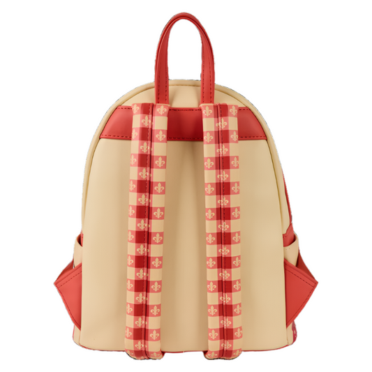 Back view of the mini backpack with red checkered straps on a white background