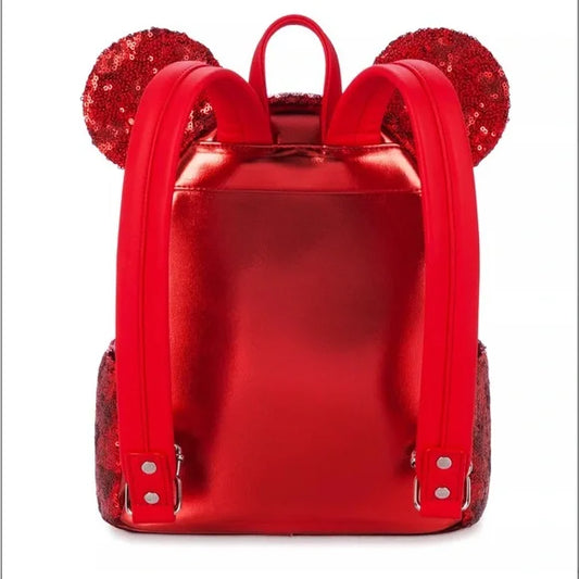 Red metallic backpack with sequin ears on a white background